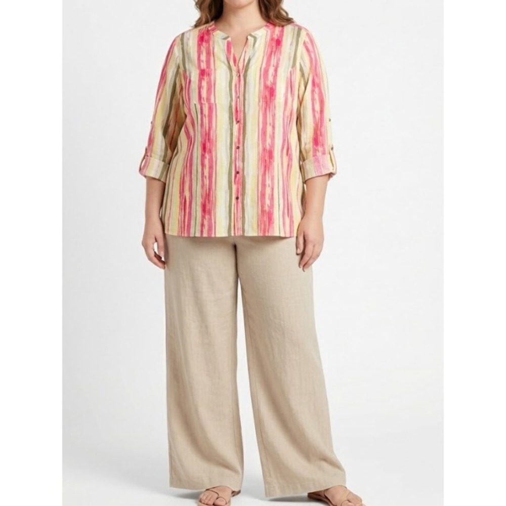 New Coral Bay Button Up Shirt 1X Multi Stripe Linen Blend 3/4 Sleeve Vacation